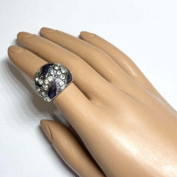 Vintage Purple Enamel Cocktail Ring Silver Plated Crystal Rhinestone Size 6 Boho - Picture 3 of 12